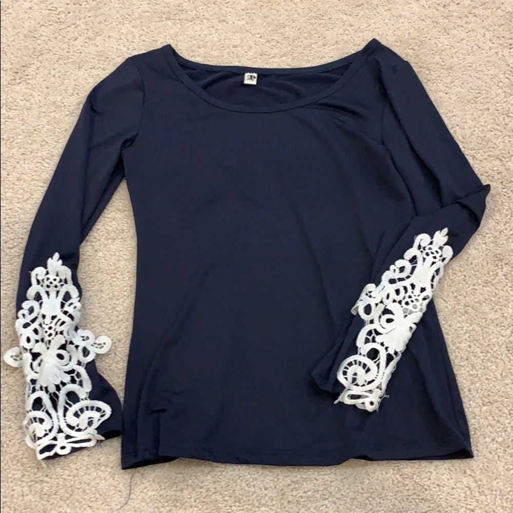 Navy top (medium) with white lace sleeve detail